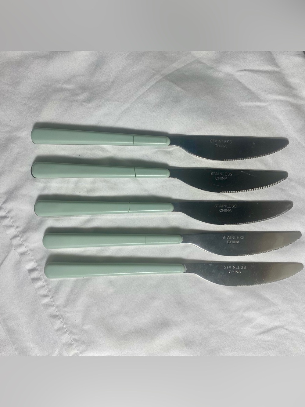 Vintage Set of 5 Green Handle Stainless Steel Table Knives